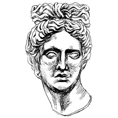 Outline vector illustration of portrait of Apollo Belvedere. Black and white line art of antique sculpture