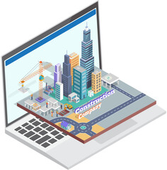 Obraz premium Skyscraper different buildings stand on laptop town in your computer concept. Modern skyscraper city structure with house facade. Industrial constructions with apartments. Urban infrastructure element