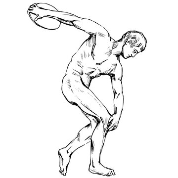 Hand drawn vector line art of discus thrower. Line drawing of ancient greek sculpture