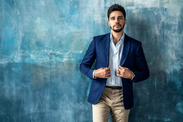 Young handsome businessman posing in elegant fashionable clothes looking at the camera. Portrait of...