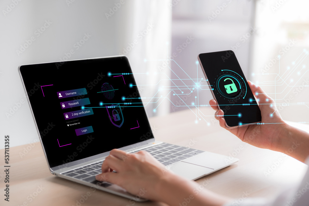 Poster female hand using smartphone get 2-step verification to unlock a highly secure login access, virtual login screen information,secure Internet access, cybersecurity