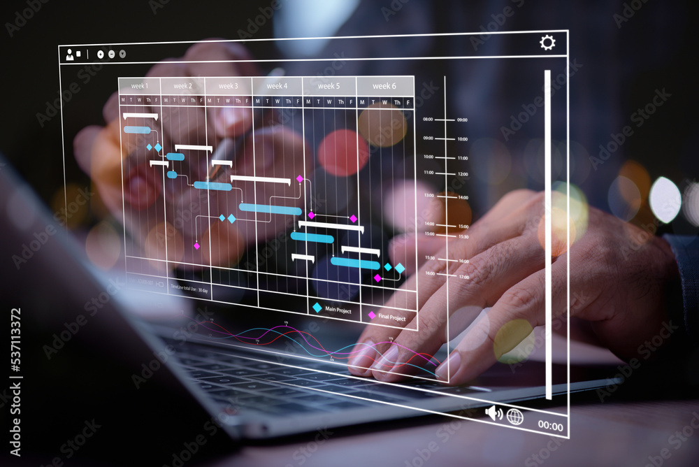 Aufkleber man using labtop , hand using laptop with virtual work schedule plan on screen