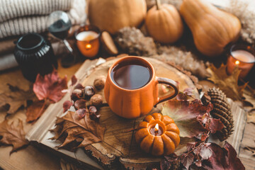 Autumn still life on the windowsill, a cup of tea, candles, pumpkins, leaves, thanksgiving house interior