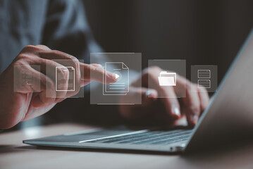 women hand holding virtual document on screen
