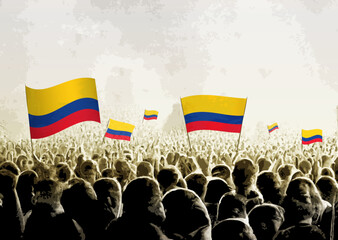 Crowd with the flags of Colombia, people cheering national team of Colombia. Ai generated illustration of crowd.