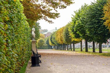 Beautiful alley in autumn with sculpture and bust