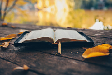 Open bible on a wooden table in the forest, morning worship and prayer - obrazy, fototapety, plakaty
