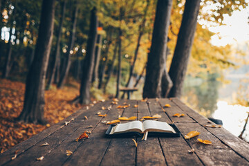 Open bible on a wooden table in the forest, morning worship and prayer - Powered by Adobe
