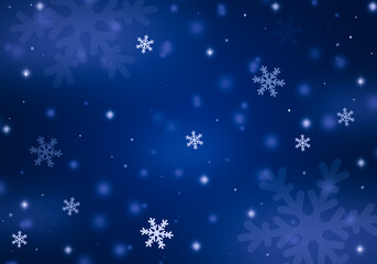 Abstract blue winter background with snow and snowflakes for christmas season.