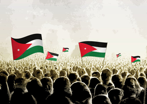 Crowd with the flags of Jordan, people cheering national team of Jordan. Ai generated illustration of crowd.