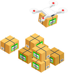 Delivery service delivers parcel using flying drone. Future technologies of online home transfer of boxes, goods to door. Control panel, helicopter, quadcopter. Smart city concept. Urban logistics