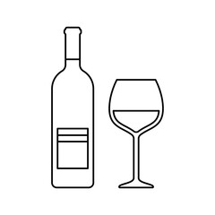 Red wine bottle and glass. Linear icons. Outline beverage isolated on white background. Black alcohol drinks with wineglasses. Thin line objects in flat design. Vector illustration.