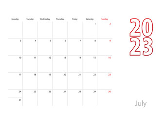 Calendar for July 2023 in modern design, planner template.