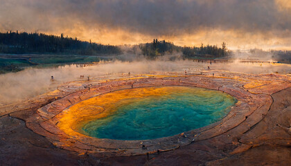 National Park Scenic View Grand Prismatic Pool at Sunrise, Yellowstone National Park, Wyoming.