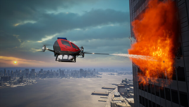 Autonomous driverless aerial vehicle spraying foam for extinguish the fire, Smart 5G technology firefighting drone concept, 3d render