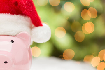 Pink Piggy Bank with Santa Hat with Holiday Lights