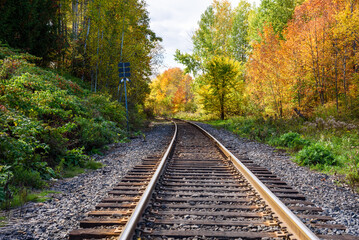 Curve along a railway running throuth colourful autumnal woods