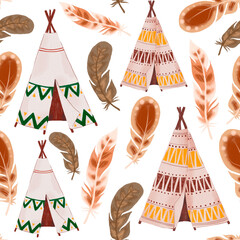 Watercolor boho teepee and wigwam with feathers seamless pattern © marialetta