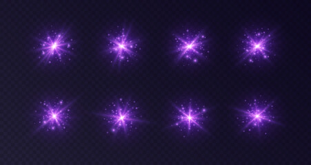 Lens flares with sparkles, purple starbursts set, shiny camera flashes. Glowing lasers with particles, transparent overlay glare effect. Magic spark with fairy dust. Vector illustration.