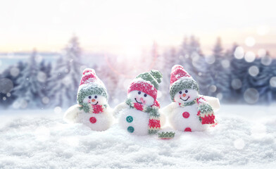 Merry Christmas and happy New Year greeting card with copy space. Three snowmen standing in snow. Christmas landscape. Winter background.