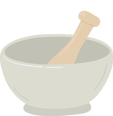 Mortar and pestle flat vector illustration. Kitchen pounder and bowl isolated on white background.