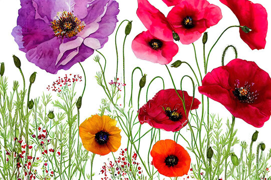 Watercolor meadow flowers bouquet of poppy, bindweed and geranium. Hand painted floral poster of wildflowers isolated on white background. Holiday Illustration for design, print, background.