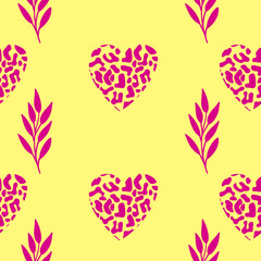 Leopard hearts seamless pattern. Yellow background