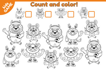 Educational mathematical game for kids. Find, count how many objects and color. Worksheet for kindergarten, preschool and school. Vector illustration of cartoon monsters.