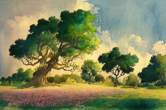 Bright landscape scenery with tree and rope swing on a summer meadow. Watercolor hand drawn illustration sketch