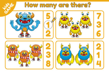Math game for children. Kids activity worksheet. How many objects task. Vector illustration of cartoon monsters.