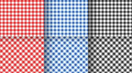 Set of gingham seamless patterns. Red, blue, black and white checkered vichy textures for Easter or Christmas picnic blanket, tablecloth, plaid. Fabric geometric backgrounds. Vector flat illustration