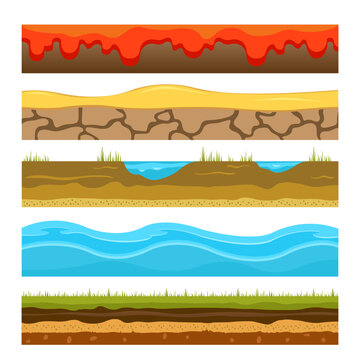 Gaming environment: landscape. Ground, soil, water surface, for custom games. 2D game platform. Vector illustration of earth, fiery lava