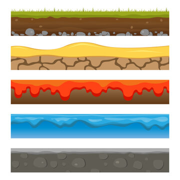 Playing environment: landscape. Ground, soil, water surface, for custom games. game platform. Vector illustration of earth, sandy lava 