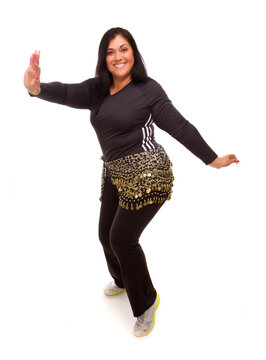 Hispanic Woman Zumba Dancing Isolated On A White Background.