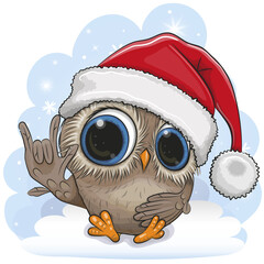 Cartoon Owl in a Santa hat on the snow.