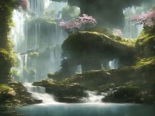 Elven waterfall background illustration