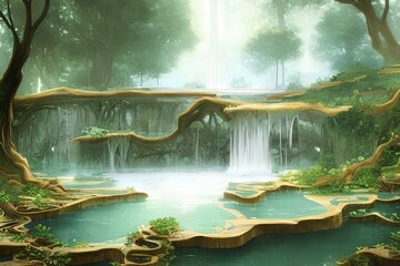 An acient elven waterfall illustration