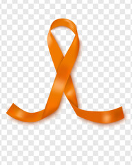 Vector illustration of the leukemia cancer awareness tape, isolated on a transparent background. Realistic vector orange silk ribbon with loop.Design for the poster.