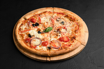 Pizza, different pizzas with different fillings on a black background
