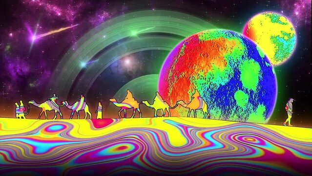 Colorful Trippy Psychedelic Desert Landscape Silhouette - Loop Abstract Hallucinogen Background