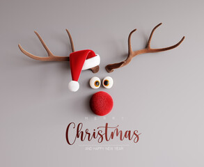Funny reindeer with Santa hat and Merry Christmas text on gray background 3D Rendering, 3D Illustration © hd3dsh