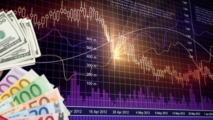 Fototapeta premium Money banknotes and screen with business chart