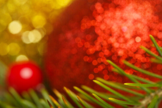 Abstract festive defocused red glittered bouble background.	