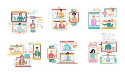 Virtual meeting, online teamwork. Desktop computer with group of colleagues taking part in video conference. Software for videoconferencing and online communication. Online skull session, webinar