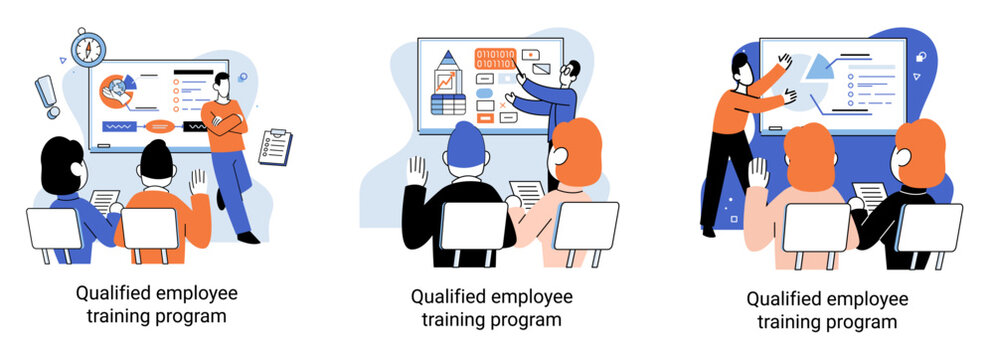 Qualified employee training program. Refresher course metaphor. Help in professional development. Learning for software development and growth. Agile project management team project life scrum meeting