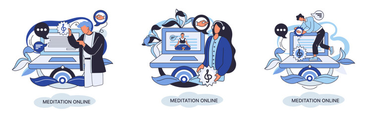 Meditation online. Classes laptop, practicing yoga, mental exercises metaphor. Live stream, internet education. Wellness practice restore peace of mind. Healthy lifestyle, clearing brain and managing