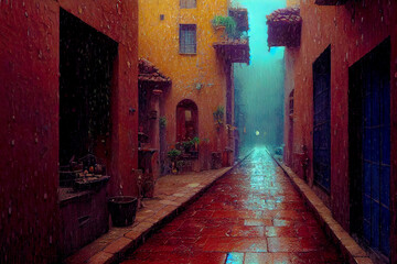 Fantasy Spanish narrow street after the rain, orange walls, blinds, flowers on the windows. traditional spanish architecture. 3D illustration