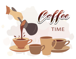 Coffee cups with lettering. Coffee time. Vector illustration hand drawn in doodle style.