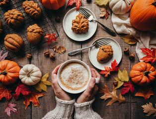 Top view of fall shaped pumpkin spice cakes and hands holding latte.