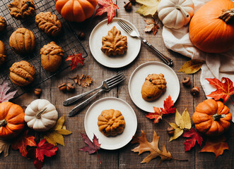 Top view of small autumn shaped pumpkin spice cakes on plates.